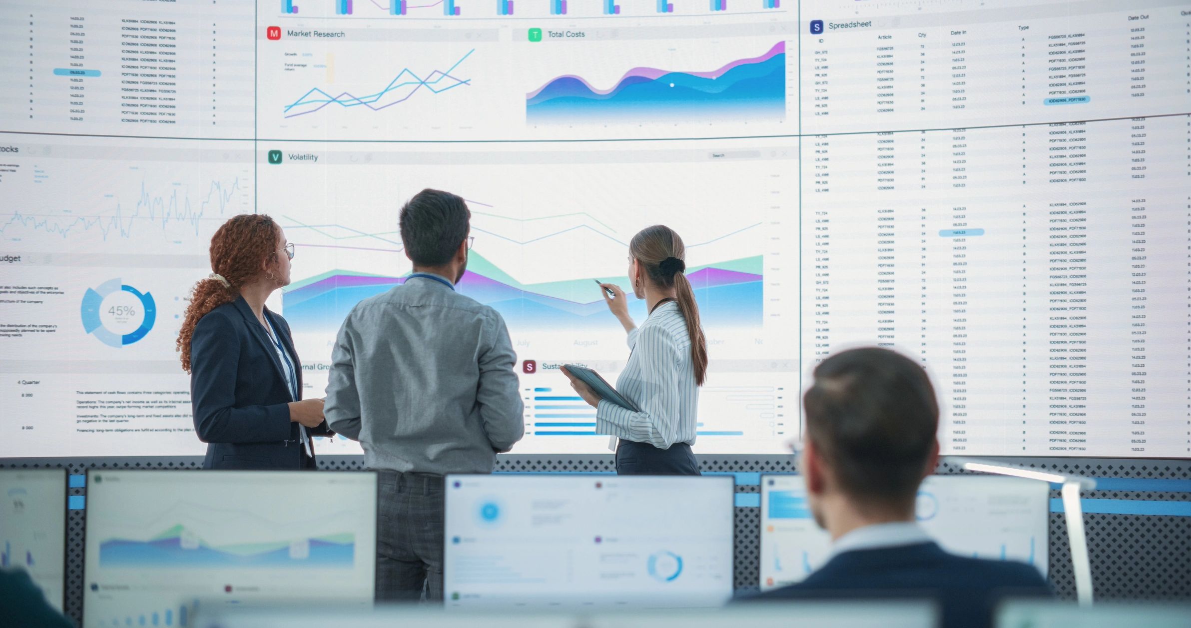 Team reviewing market data and reports on a large screen